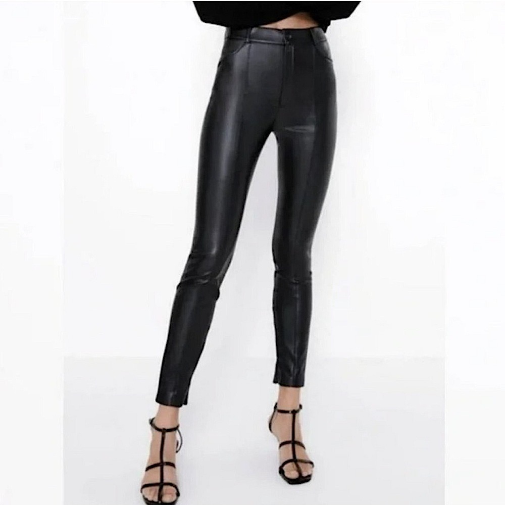 Zara | Faux Leather High‎ Rise Ankle Zip Leggings Skinny Pants Black Size S NWOT